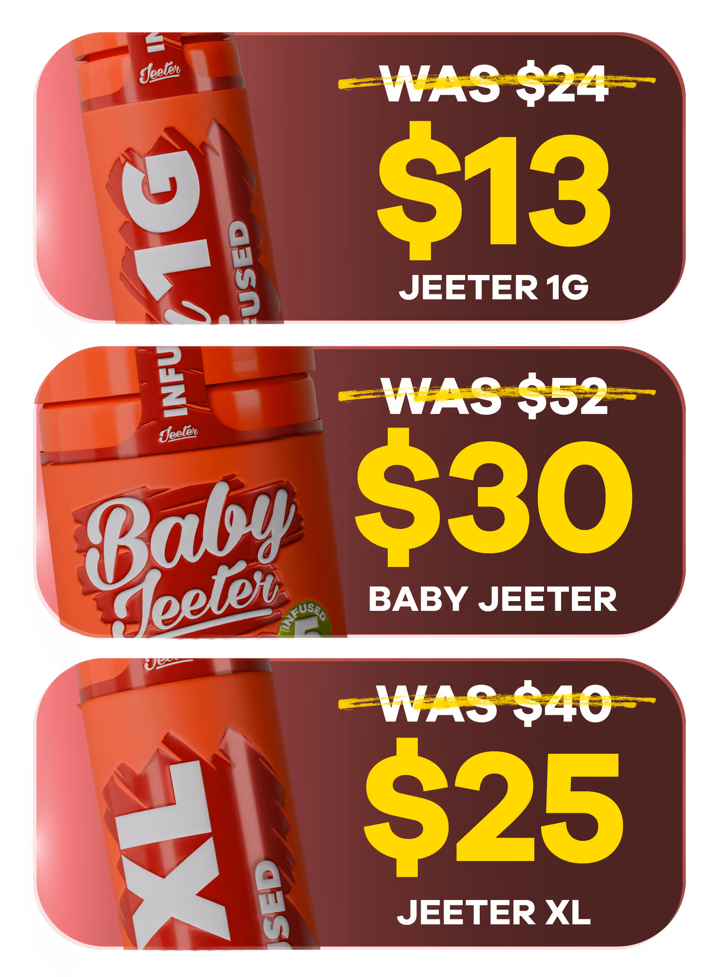Three Jeeter infused pre-roll formats lined up side by side